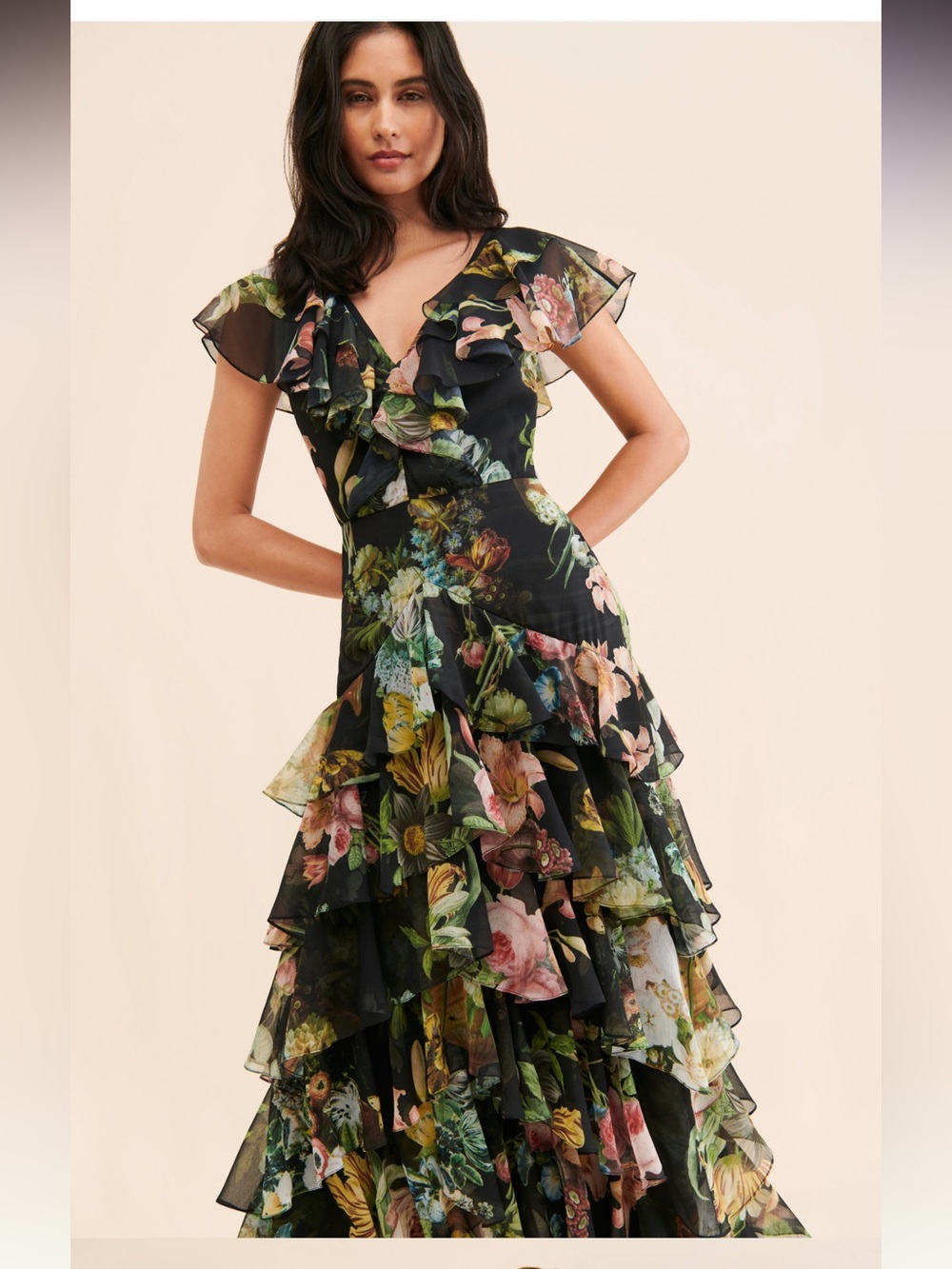 Pankaj and Nidhi Floral Chiffon Ruffle Maxi Dress